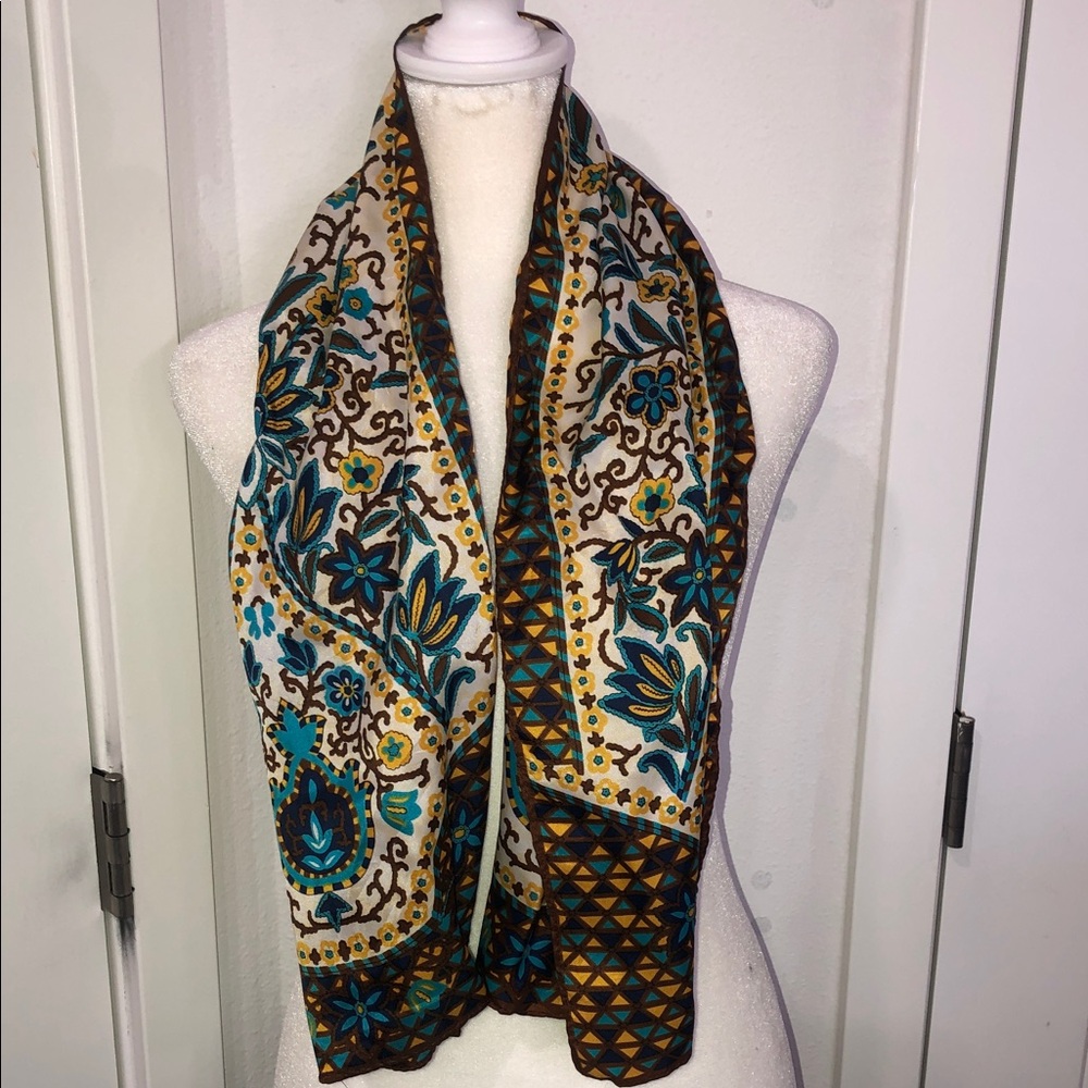Floral Patterned Scarf with Blue and Brown Accents